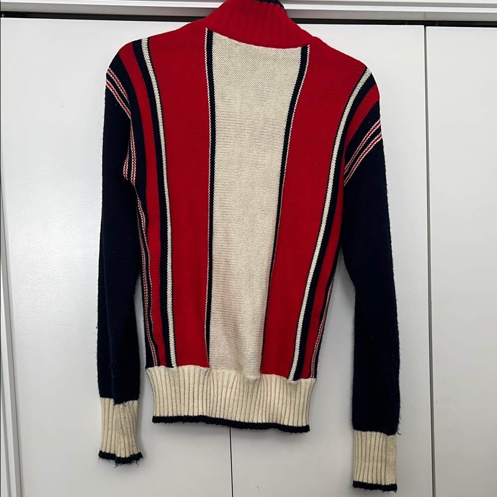 Red and Blue Zip-Up Sweater Moon Blue casual Vintage Knit Sweater Zip Up = - Picture 5 of 6
